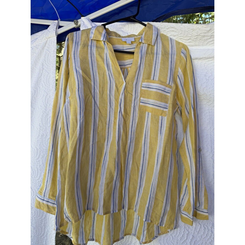 J.Jill Love Linen yellow blue striped tunic shirt women’s small 100% linen
